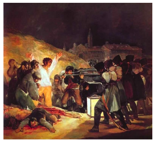 En este cuadro de Goya, la línea de tensión va desde el hombre con los brazos abiertos (la figura más importante de la composición) hasta los hombres que le apuntan con las armas (los franceses). 